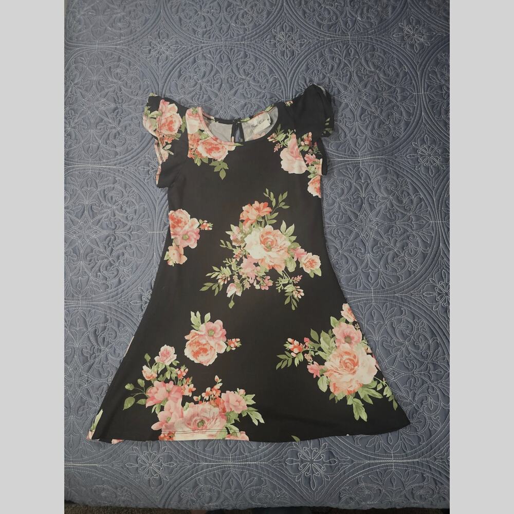 Girls Black Floral Dress Size 6 7 Flutter Sleeve Spring Summer Outfit